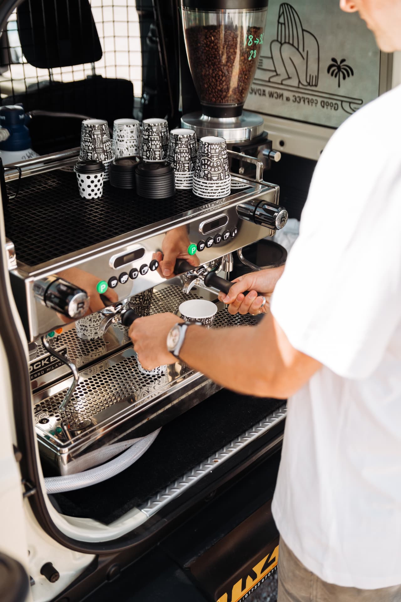 Pulling espresso shots in the back of the Jimny
